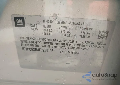 2015 Chevrolet Cruze 1Lt Auto z USA, uszkodzony, nr VIN 1G1PC5SB4F7230196